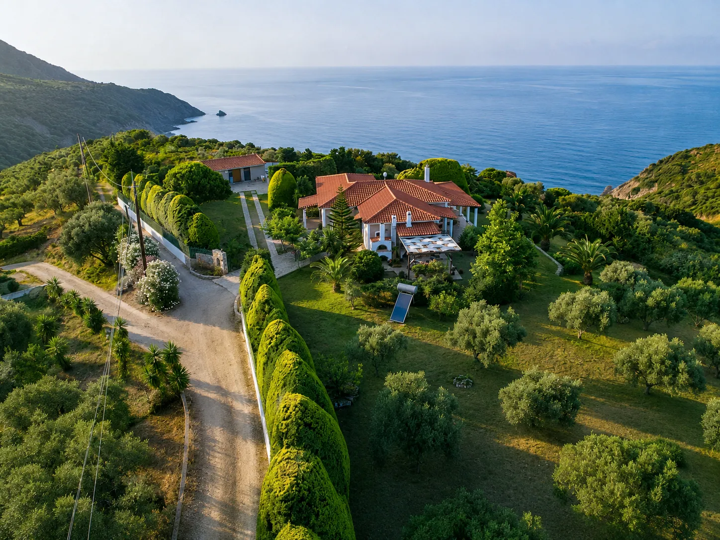 Aerial view of Villa Viktoria on a green Skiathos hillside above the Aegean Sea
