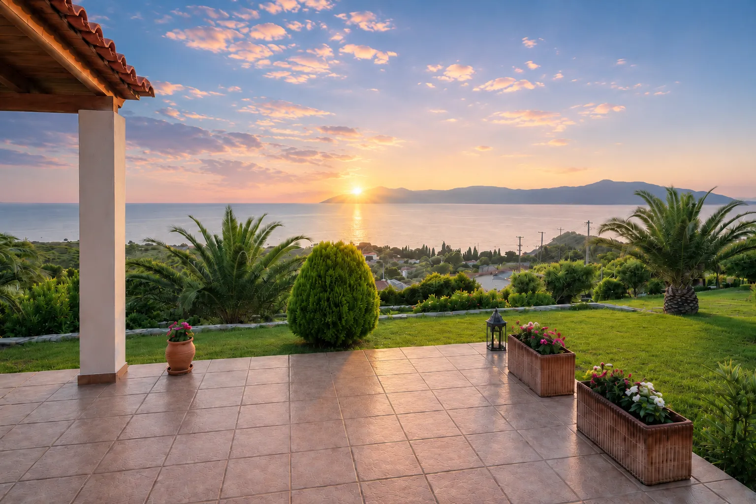 Tiled terrace with sunrise over the Aegean Sea framed by palms, Villa Viktoria Skiathos