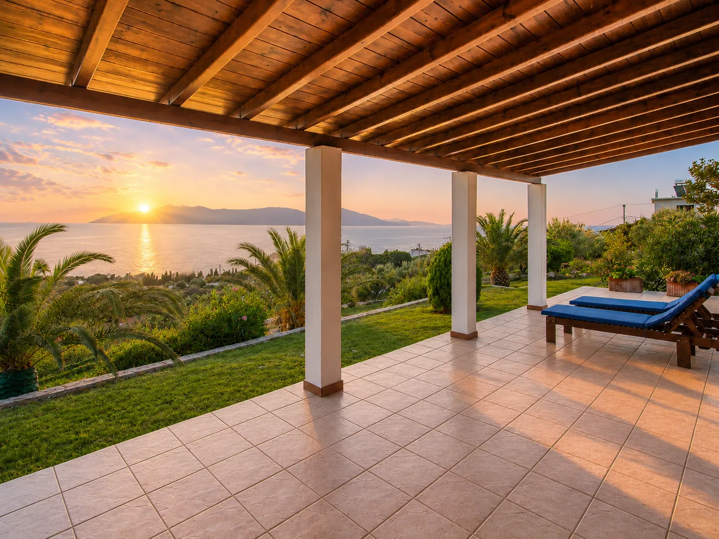 Covered veranda with sun lounger and sunrise sea view at Villa Viktoria, Skiathos
