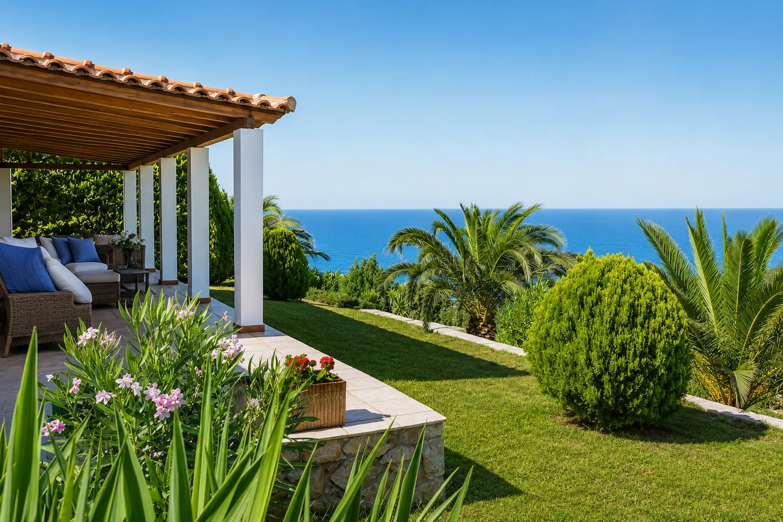 Landscaped garden and veranda with open Aegean Sea views at Villa Viktoria, Skiathos