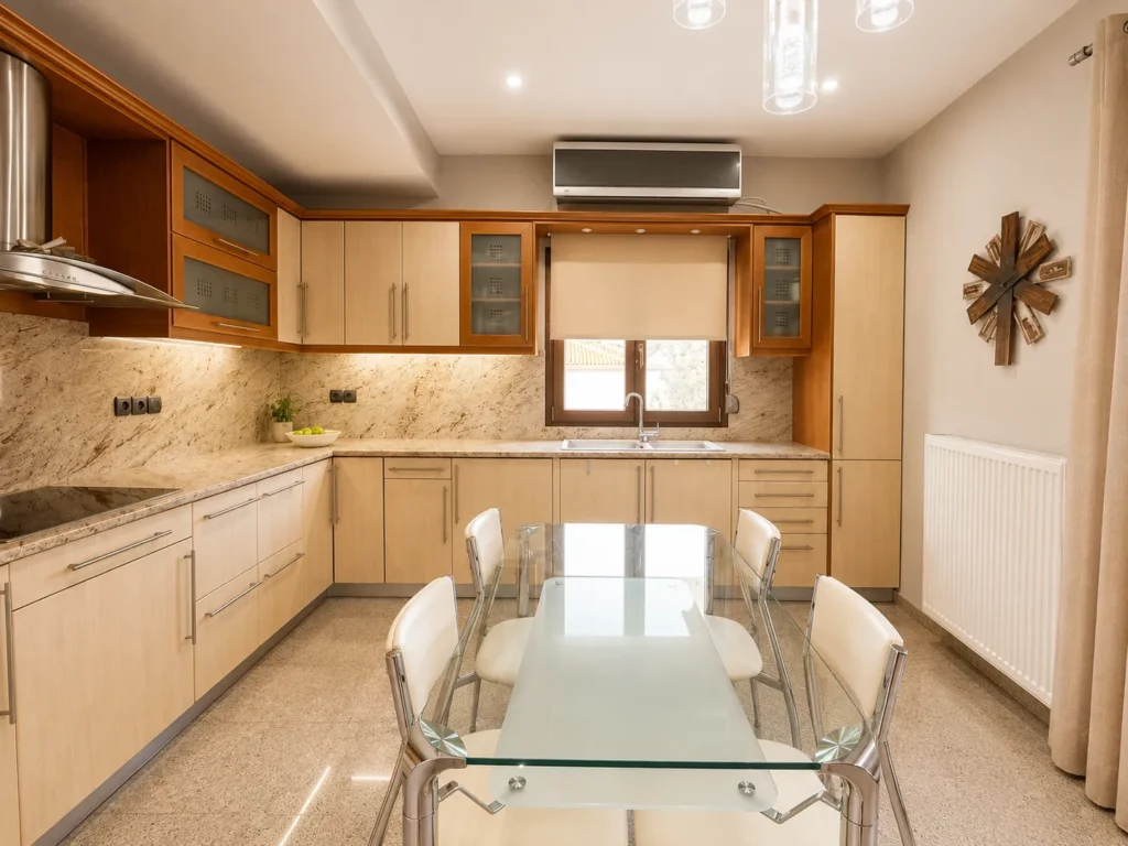 Top-floor kitchen with wood units, stone counters and glass dining table, The Triple Threat, Skiathos